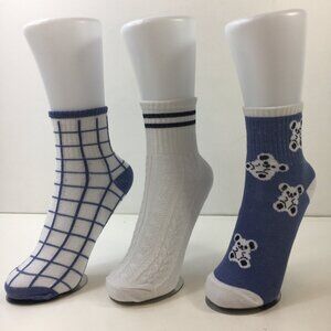Womens Crew Socks 3 Pack Knit Stripes Checker Teddy Bear Print Blue White